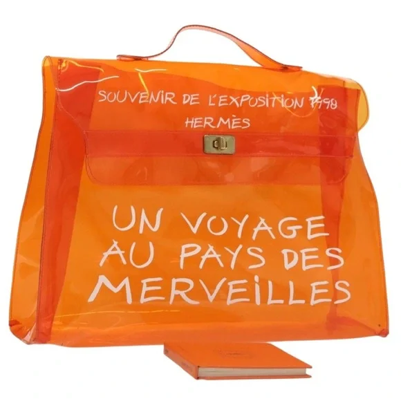 HERMES Vinyl Kelly Hand Bag Vinyl Orange and Hermes scarf tie guide booklet - Picture 4 of 11
